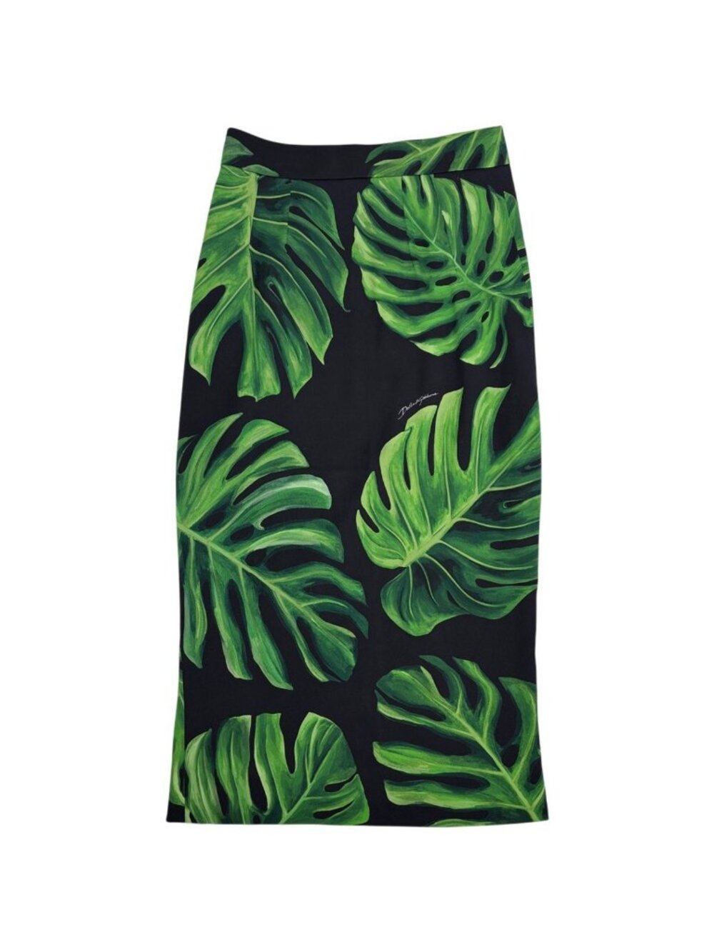 Dolce & Gabbana Leaf Pattern Skirt Long Tight Slit Silk Polyurethane Black Green